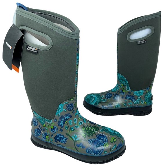 Bogs Womens Classic Winter Blooms Boots Blue Gray Floral Mid Calf Pull On 6 New